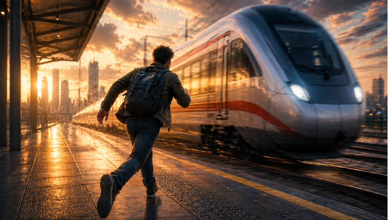 Casi es tarde. Subite al tren.